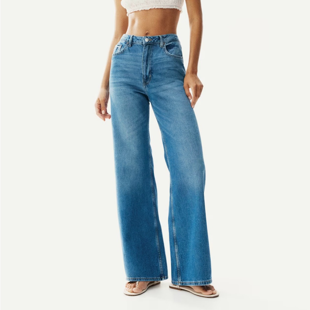 New H&M Wide Regular Fit Baggy Ultra High Rise Denim Jeans Us 12 Minimalist
